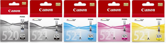 Canon Original 5 Ink Cartridge Set Pgi520Bk Black Cli521Bk Black Cli521C Cyan Cli521M Magenta Cli521Y Yellow - Free UK Delivery