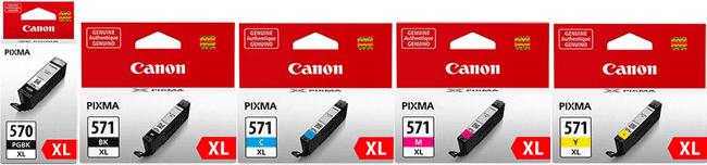 Canon Original 5 Ink Cartridge Set Pgi-570Pgbkxl Black High Capacity Cli-571Bkxl Black Cli-571Cxl Cyan Cli-571Mxl Magenta Cli-571Yxl Yellow - Free UK Delivery