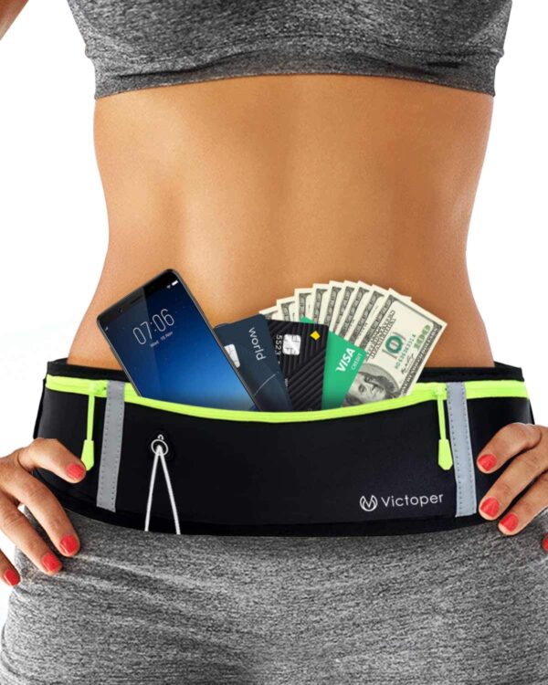 Sale Now Only £9.99 Victoper Running Belt, Unisex Waterproof Waist Strap,Running Phone Holders Comfortable and Adjustable Waistband Running Belt with Reflective Strip and Headphone Hole, Running, Travel Workout, Black