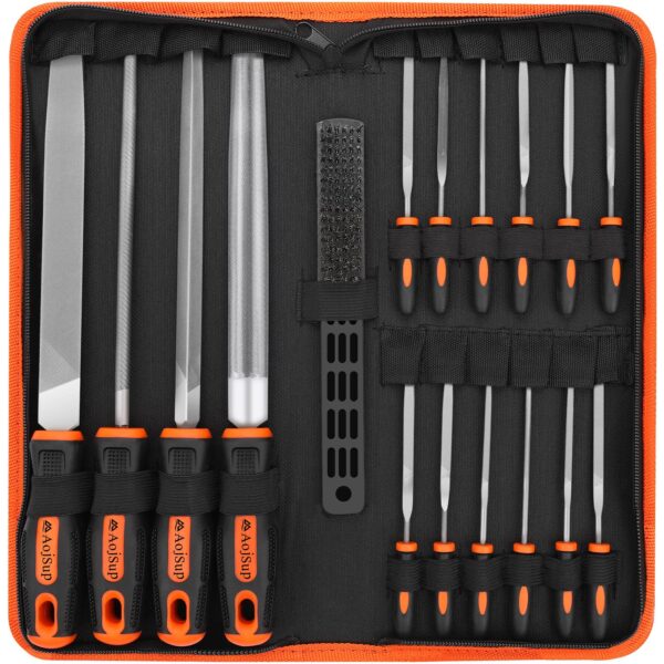 RRP: £19.99 Now Only £15.99 AojSup 17Pcs Metal File Set, Professional Files Tools, Premium Metal Files with Suitcase, 4X Large Files - Flat/Triangle/Half-Round/Round File&12x Needle Files, Perfect for Wood, Metal&DIY Project