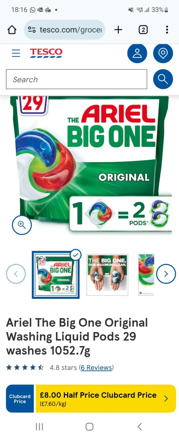 Half Price Ariel The Big One PODS Laundry Capsules, 29 Washes, Original – 2X Stain & Odour Removal