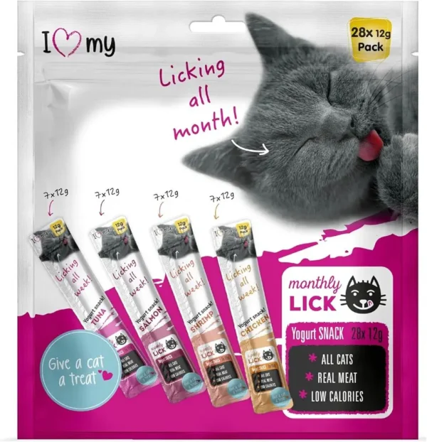 I Love MY Cat Yoghurt Treat Variety (12g Treats) Chicken, Salmon, Tuna, Shrimp - Creamy Monthly Licks (Pack of 28) - Spotted B&M £2.99